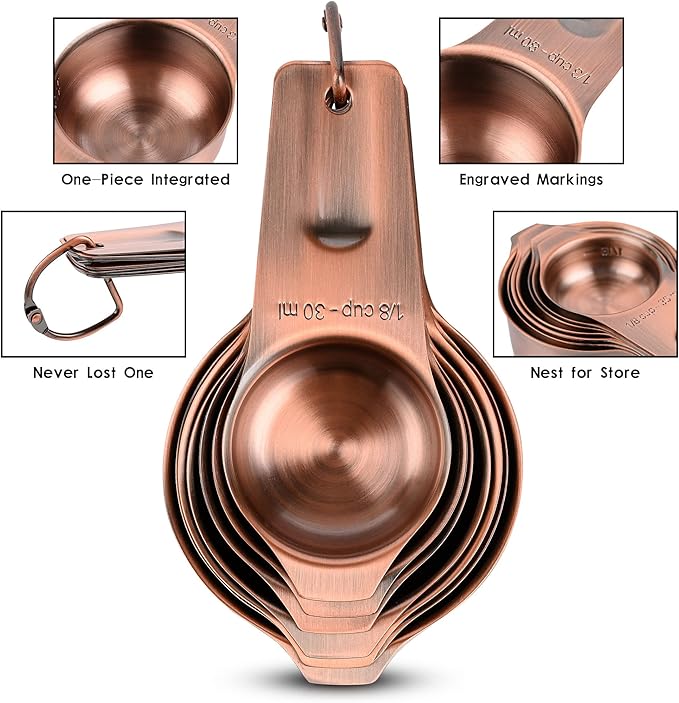 Copper Measuring Cups and Spoons Set, Stainless Steel Measuring Cups and Spoons Set, Metric & US 7 Measure Cup & 9 Long MeasureSpoon,1Leveler & 1Measure Equivalents for Kitchen & Baking