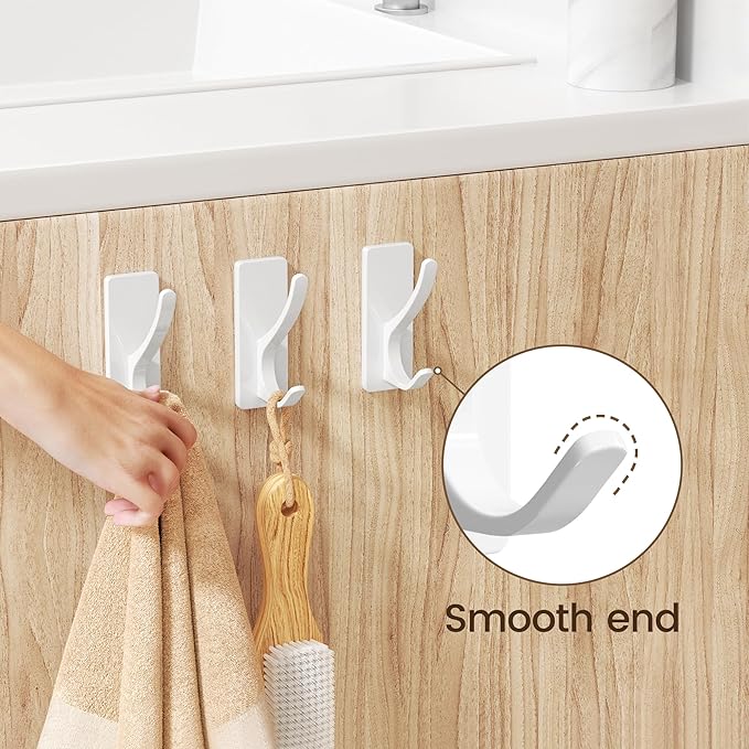 pickpiff White Self Adhesive Coat Hooks for Hanging: 13LB Extra Strong Stainless Wall Hook for Towel, Utensil, Backpack, Hat, Sturdy Metal Hanger for Bathroom, Kitchen, Door, 4-Pack
