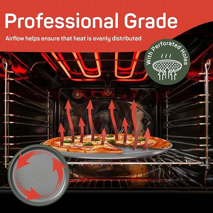 Emporio Kitchen Non-Stick Pizza Pan 2 Pack – 16 Inch Round Carbon Steel Pizza Tray with Perforated Holes, PFOAPFOSPTFE-Free, Dishwasher & Oven Safe Up To 450°F, Durable Nonstick Silver Coating