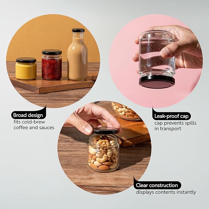 Restaurantware Pack Of 100 Glass Bottles 12 Oz Twist Lock Lid Small Bottles With Lids, Glass Bottle with Lids Durable Hot and Cold Friendly Clear Bottle for Storage, BPA-Free Mini Containers With Caps