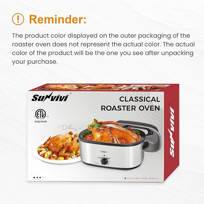 Royalcraft Roaster Oven with Self-Basting Lid, 18qt Electric Roaster with Removable Pan & Rack, Turkey Roaster Oven with Defrost & Warm Function, Stainless Steel, Grey