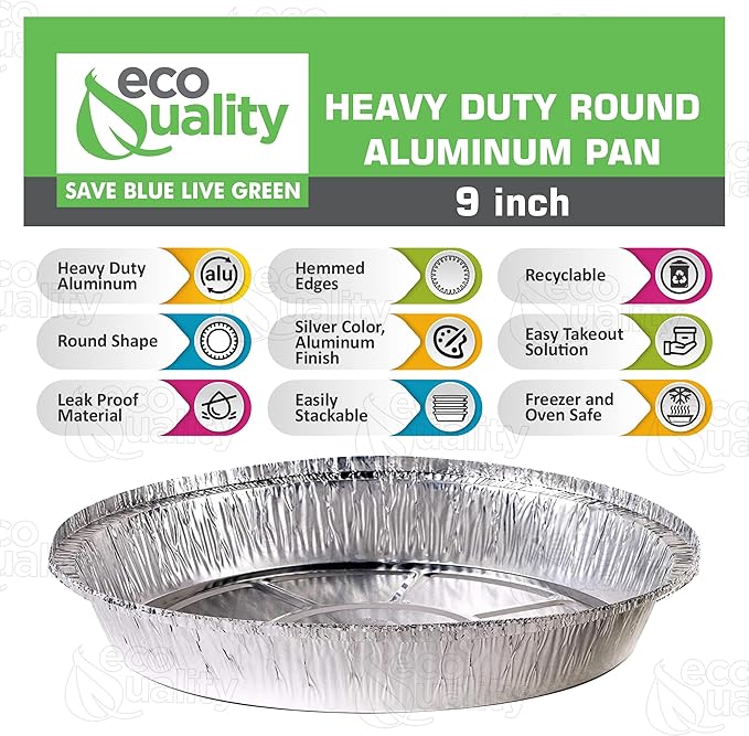 EcoQuality 9" Round Aluminum Foil Pans - Disposable Containers with Foldable Walls for Pie Baking, Cooking, Serving, Reheating, and Storing - Freezer and Oven Safe Tart Pan 150 Pack