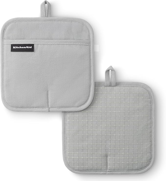 KITCHENAID Gourmet Series Gridlines Pot Holders 2-Pack Set, Heat Resistant up to 600°F, Soft Silicone Grip, Magnetic Cuff, Matte Grey, 8"x8"