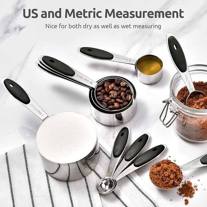 U-Taste Measuring Cups Spoons Set: 18/8 Stainless Steel 12 Pieces Stacking Kitchen Baking Cooking Food Measure Scoop Set, 7 Cups & 5 Spoons with Strengthened Weld Joints (Black, Upgraded Version)