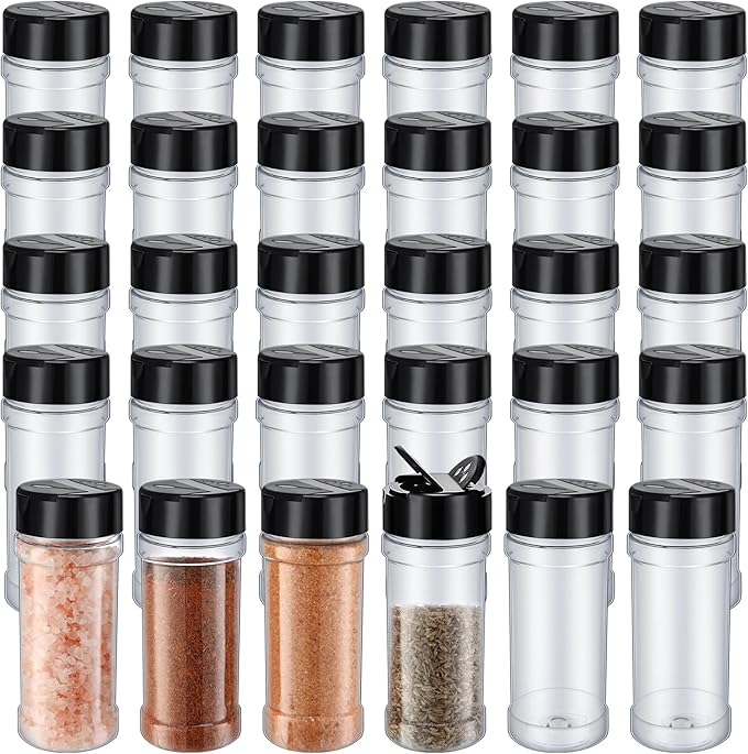 Jadive 36 Pcs Plastic Spice Jars with Shaker Lids Clear Spice Bottles Plastic Seasoning Containers Empty Shaker for Kitchen Storing Herbs Seasoning Powders Pepper Dry Goods (8.5 oz,Black)