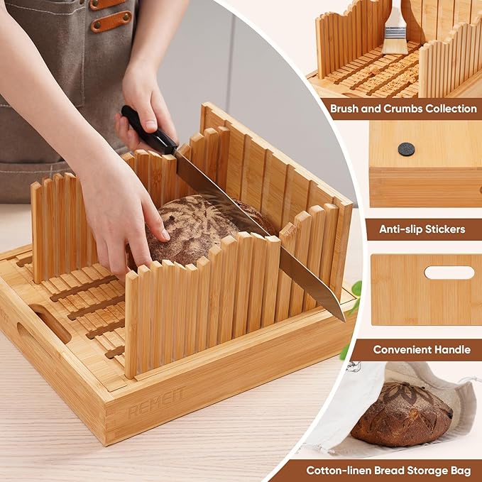 Bread Slicer for Homemade Bread, Adjustable Large Bamboo Sourdough Bread Slicer with Slicing Guide & Crumb Tray, Bread Loaf Cutter for Sourdough, Cakes & Bagels – Baking Gift