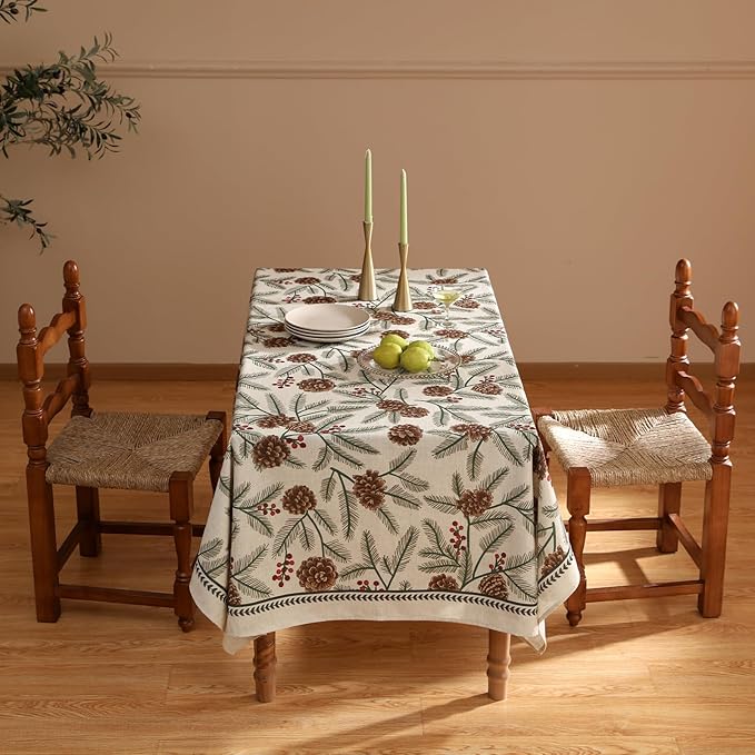 ISAENNE Designer Christmas Beige Linen Rectangular Tablecloth,Pinecones Pattern Indoor Tablecloths,Washable Decor Table Cloth for Dining Thanksgiving Kitchen Christmas,55"*87"-Carol B