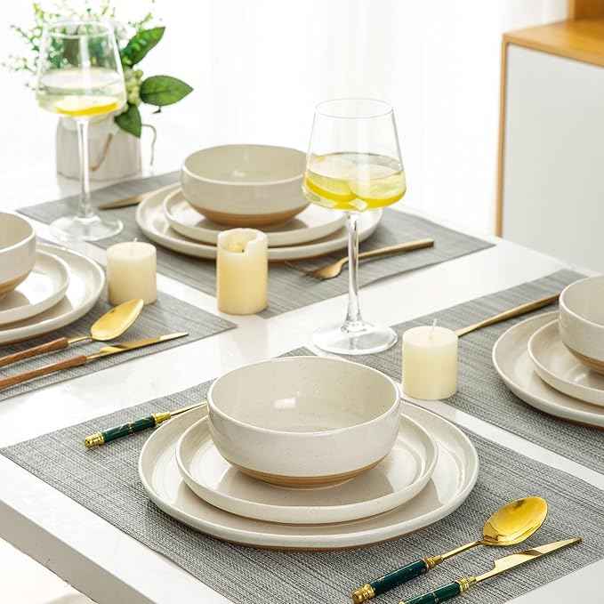 AmorArc Ceramic Dinnerware Sets for 6, 18 Pieces Handpainted Plates and Bowls Set with Rustic Terracotta Underside, Scratch Resistant Stoneware Dishes Set, Dishwasher & Microwave Safe,Light Beige