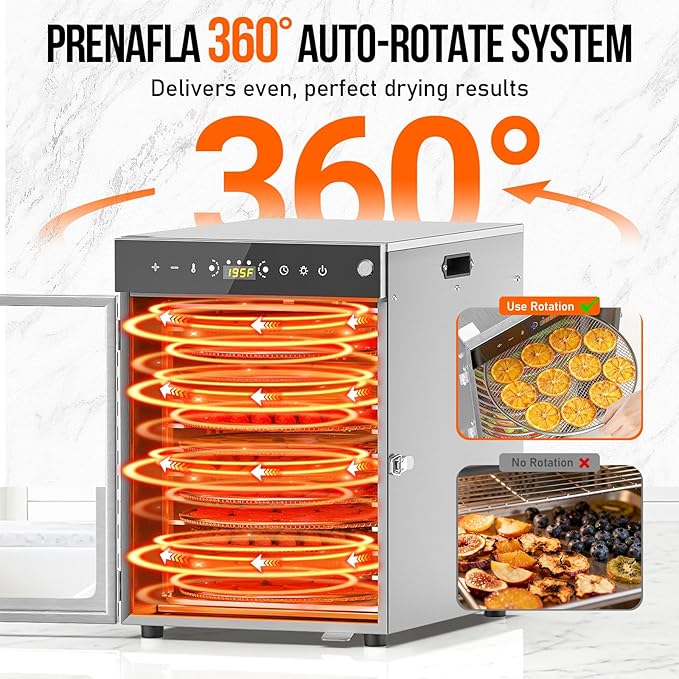 Food Dehydrator 12 Trays - 360° Rotary Meat Dehydrator for Jerky with 194°F Temp & 24H Time Control, 800W Even Heating Food Dryer Machine for Herbs, Fruit, Meat, Yogurt, Silver