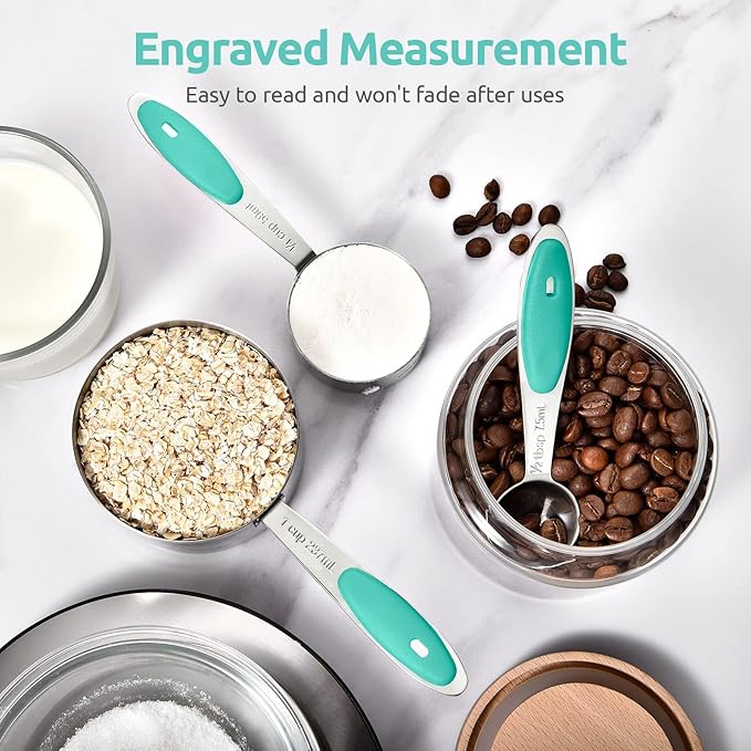 U-Taste 12 Piece Measuring Cups and Spoons Set in 18/8 Stainless Steel, and 18/8 Stainless Steel 3.9 inch 30 Mesh Strainer (Aqua Sky)
