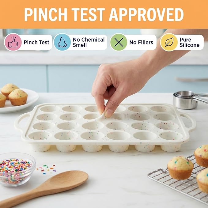 2-Pack Silicone Muffin Pan Set – Regular 12 Cup & Mini 24-Cup Silicone Muffin Pans for Baking – Nonstick Silicone Cupcake Pan with Metal-Reinforced Handles – BPA-Free, Dishwasher-Safe, Cream