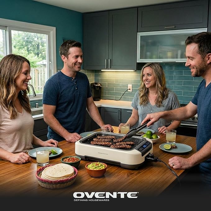 OVENTE Smokeless Indoor Grill, 1500W Electric Portable Korean BBQ Grill with One-Touch Control, LED Smart Display, Tempered Glass Lid, Two Removable Non-Stick and Dishwasher Safe Plates, White SGR85W