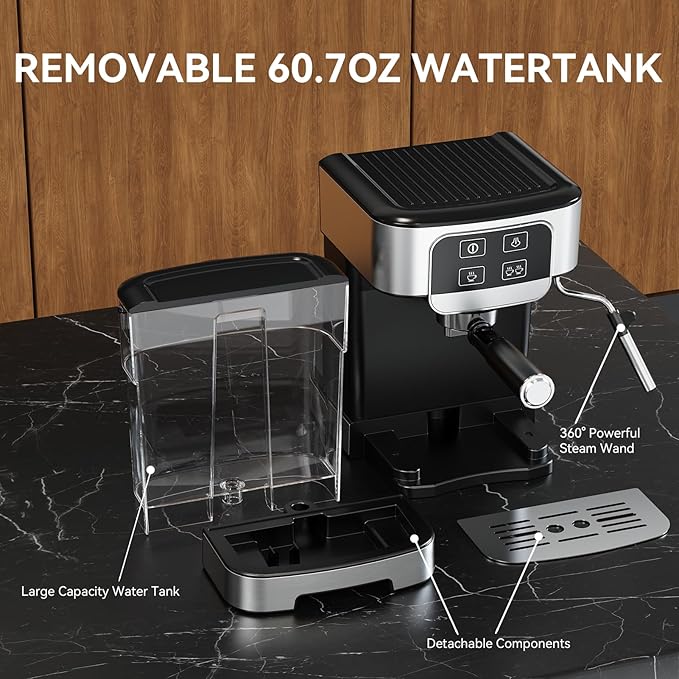 Espresso Machine 20 Bar with Steam Milk Frother, Stainless Steel Coffee Machine with Removable Water Tank for Cappuccino,Latte, Compact Stainless Steel Coffee maker for home,Great Gift