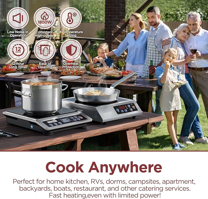 ChangBERT Portable Induction Cooktop Enhanced Version, One-Click Max Power 1800W Large Heating Coil Burner, Precise Temperature Control, NSF Certified Commercial Grade Low Noise Hot Plate