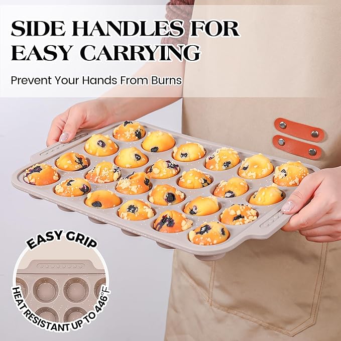 2 Pcs Silicone Muffin Pans for Baking with Metal Reinforced Frame, Nonstick Cupcake Tray for Oven, 24 Cups Mini Size Silicone Molds for Egg Bites, Dishwasher Safe (Brown, Cream)
