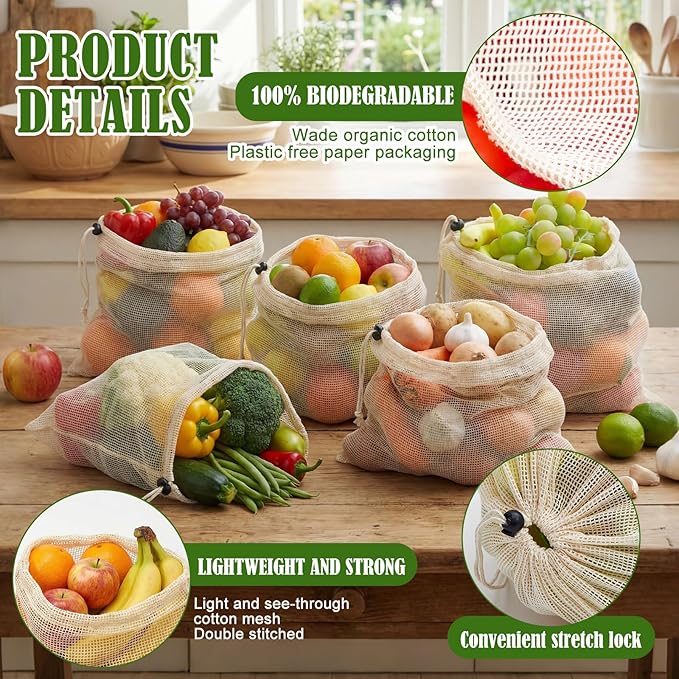 10 Pcs 17 x 14 in Reusable Produce Bags Grocery Washable, Cotton Mesh Produce Bags Plastic Free, Drawstring Closure, Double-stitched Organic Cotton Mesh Grocery Bag for Vegetables Fruit Onions