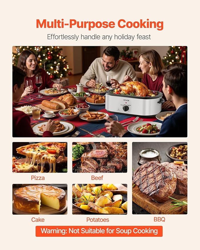 VEVOR Roaster Oven, 22QT Electric Roasting Pan, 150-450℉ Adjustable Temperature Multifunctional Electric Roaster Oven with Self-Basting Lid, Defrost & Warm Function for Holiday Meal, Fits 26lb Turkey