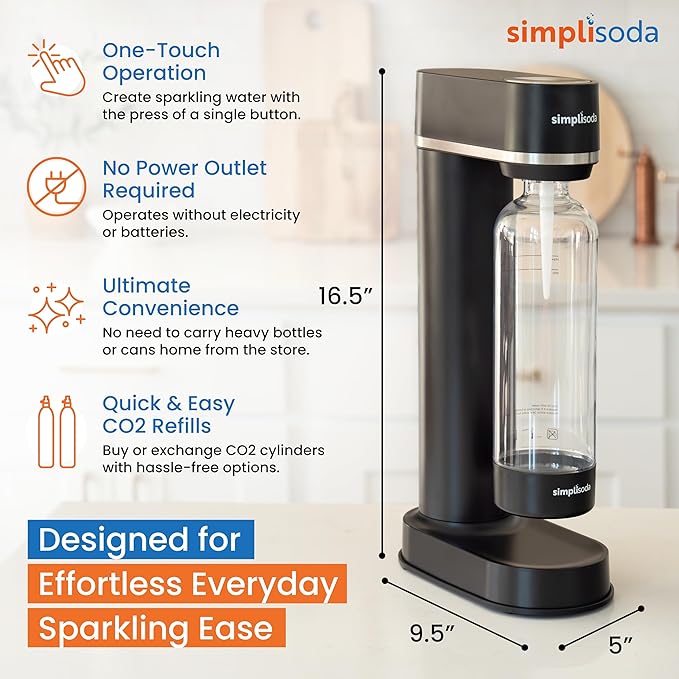 Simpli Soda BLÜ Sparkling Water Maker, Premium Soda Streaming Machine, Carbonated Water Machine and Soda Maker - Black (Machine + 2 CO2 Cylinders)