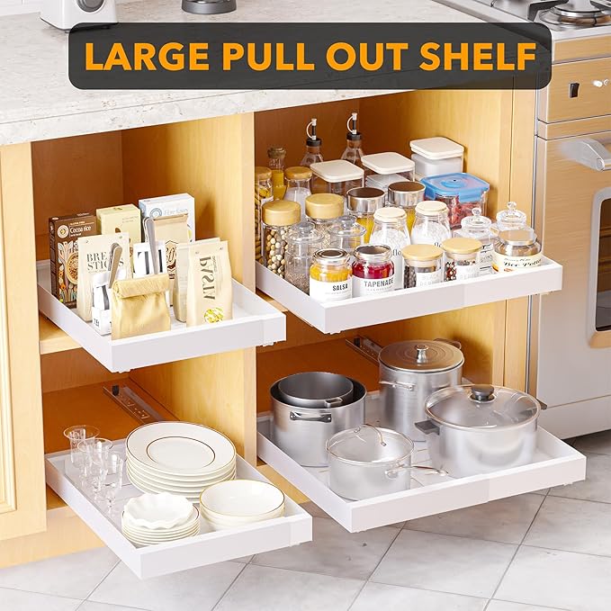 SpaceAid Pull Out Cabinet Organizer, 1 Pack Expandable 11.8"-19.6" (Need to Pull to Widen) Heavy Duty Pull-Out Drawer with Adhesive Tape for Kitchen Storage Cabinets (White, 17" Deep)
