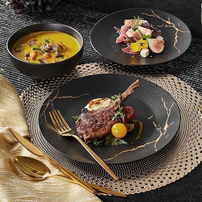 KINGSTONE Porcelain Dinnerware Sets for 8 | 24 Piece Plates and Bowls Sets Kitchen Dishes Scratch Resistant Matte Black Gold Vein Dinner Salad Plate Dishware for Party Daily Wedding