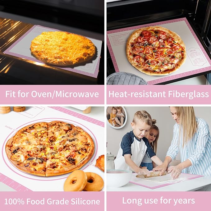 Silicone Pastry Mat for Dough Rolling, Extra Large Silicone Baking Mat with Measurements, Baking sheet for Cookies Fondant Pie Crust, Pink 28X20 INCH