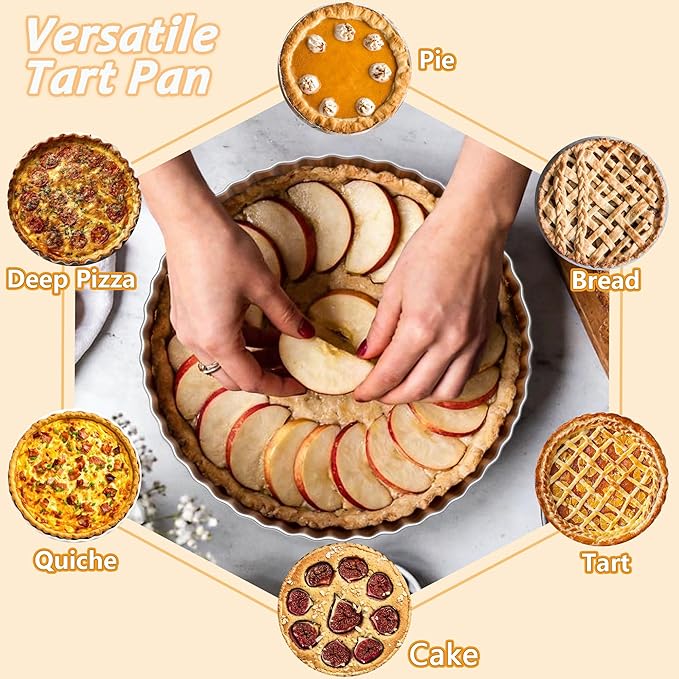 TeamFar Tart Pan, 9.5 Inch Stainless Steel Round Tart Pie Pan, Metal Quiche Baking Dish with Fluted Side for Baking Fruit Tarts, Quiches, Pies, Mousse Cakes, Heavy Duty & Dishwasher Safe