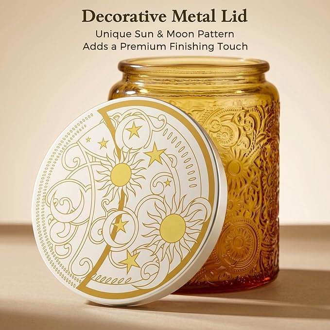 Art Secret 9-Pack 8oz Embossed Glass Candle Jars with Lids and Labels - Sun Moon Stars Design (Red)
