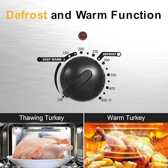 Sunvivi 28lb 24-Quart Roaster Oven, Electric Roaster Oven with Viewing Lid, Turkey Roaster with Unique Defrost/Warm Function, Large Roaster with Removable Pan & Rack, Stainless Steel, Silver