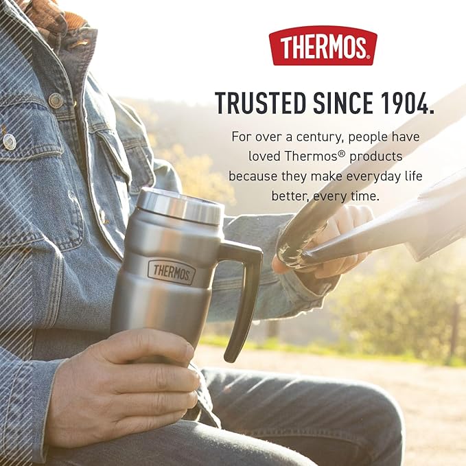 THERMOS Stainless King Vacuum-Insulated Travel Mug with Handle - 16oz, Midnight Blue - Thermos Tumbler for Hot & Cold Drinks - Leak & Sweat-Proof Stainless Steel Coffee Mug with Lid for Commuting