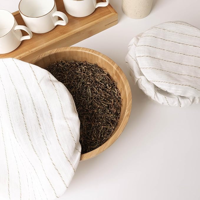 100% Linen Stripe Bowl Covers Reusable For Bread Proofing, 4 Pcs Elastic Cloth Fabric Bowl Covers, 5.9*7.9*9.8*11.8 Inches, White