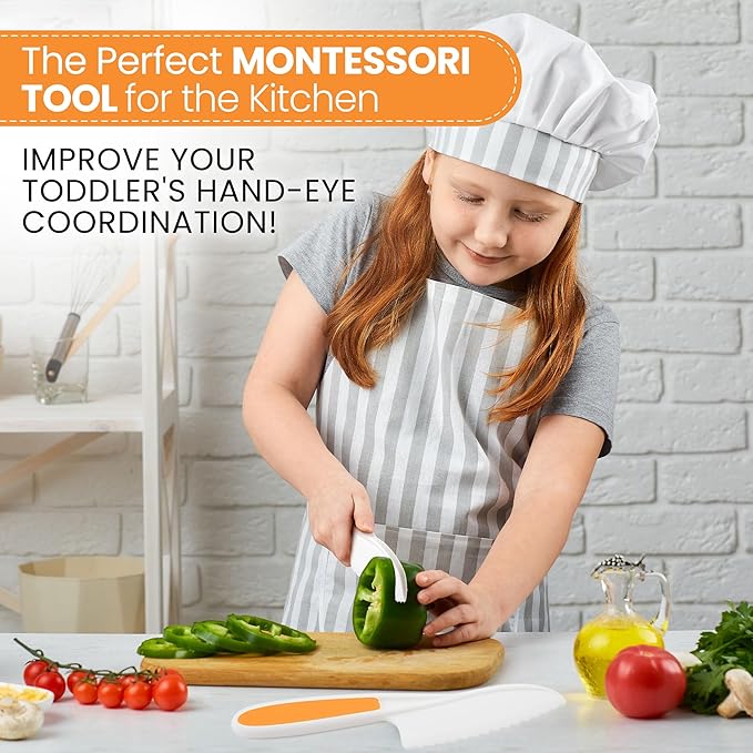 Zulay 3-Piece Kids Knife Set for Real Cooking & Baking - Toddler Knives for Cutting Fruits, Veggies, & Cake - Children’s Montessori Knife with Serrated Edges - Safe & Fun Lettuce Knife (Orange)