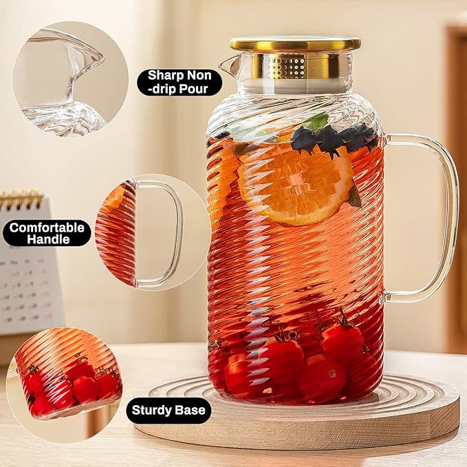 Buaic 2 PACK Glass Pitcher with Lid, 68 oz/ 2 Liter Spiral Pattern Water Pitcher,Glass Water Carafe for Cold Brew, Coffee, Lemonade, Iced Sun Tea,Beverage, Milk, Heat Resistant