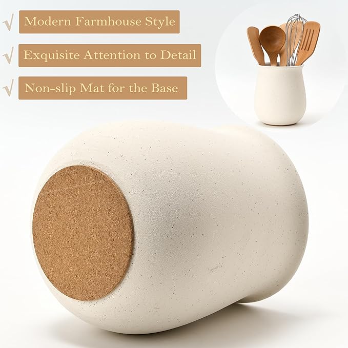 Utensil Holder for Kitchen Counter, Modern Nordic Boho Style Cooking Utensil Holder and Crock Home Kitchen Decor, Ceramic Utensil Organizer for Spatula, Ladle, Eggbeater, Rolling Pin- White