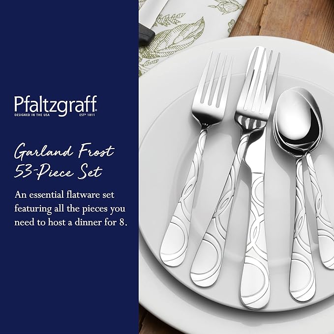 Pfaltzgraff Garland Frost 53-Piece Stainless Steel Flatware Serving Utensil Set and Steak Knives, Service for 8 (Pack of 2)