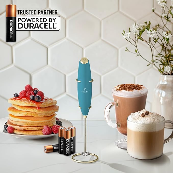 Zulay Kitchen Powerful Milk Frother Wand With 4 AA Duracell Batteries - Ultra Fast Handheld Drink Mixer - Electric Whisk Foam Maker for Coffee, Lattes, Cappuccino, Matcha & Creamer - Lake Gold