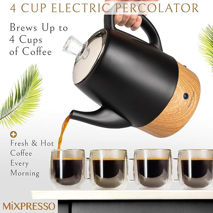 Mixpresso Black Small Electric Percolator Coffee Pot 4 Cup Stainless Steel - Coffee Percolator Electric with Keep Warm Function - Auto Shut-Off for Safe Daily Brewing