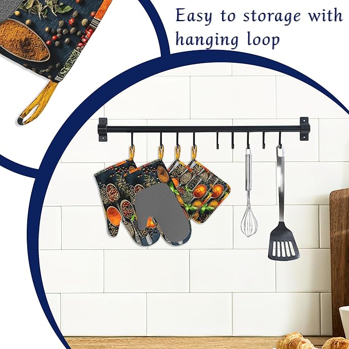 Oven Mitts and Pot Holders Sets Colorful Spices Silicone Kitchen Mits Potholders Cooking Herb Spoons Heat Resistant 4Pcs Oven Gloves Hot Pads for Baking Cooking BBQ Grilling Home Decor