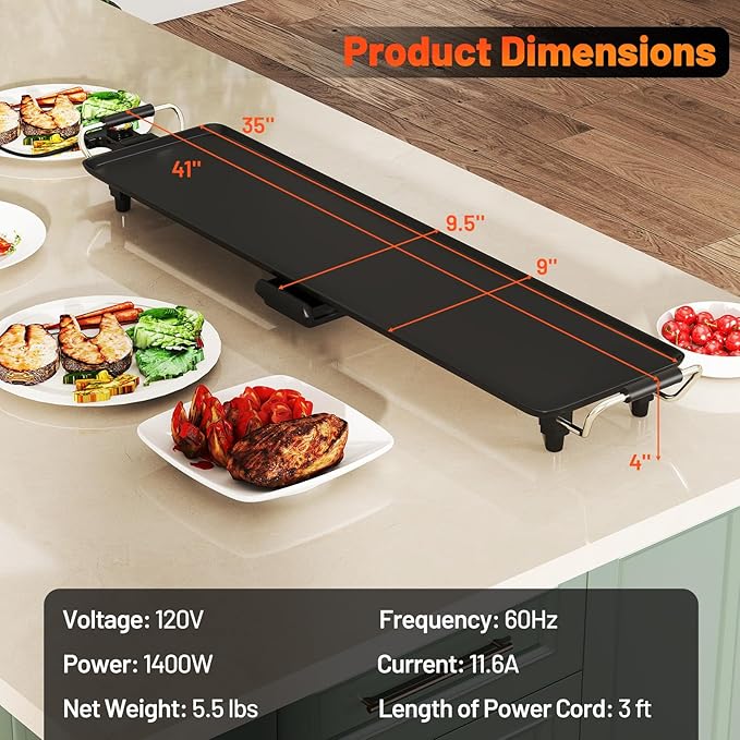 35” Electric Griddle, Extra Large Nonstick Teppanyaki Grill with Adjustable Temperature, Drip Tray & Insulated Handles, Easy-to-clean Pancake Griddle, BBQ Grill for Indoor Outdoor & Party