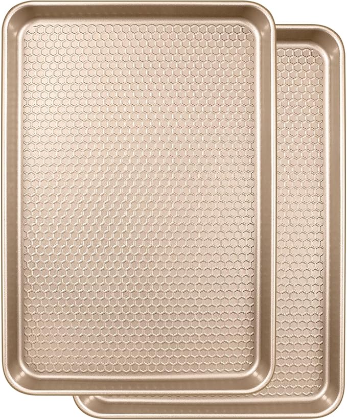 Wildone 2 Pack Half Sheet Baking Pans, Honeycomb Embossed Nonstick Baking Sheet 17.5x12 In, Thicker Carbon Steel Cookie Sheet, Even Heating & Warp Resistant, Champagne Gold