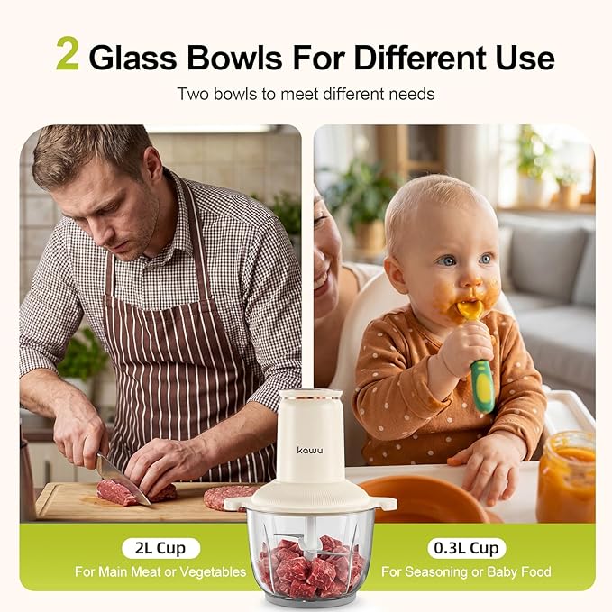 Kawu Electric Food Processor & Meat Grinder, 8 Cup (2L)+0.3L Glass Bowls, 2 Speeds with Stainless Steel Blades, 300W Mini Vegetable Chopper Food Blender for Home Kitchen
