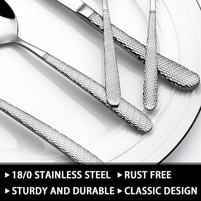 49-Piece Hammered Silverware Set with Organizer, Food-Grade Stainless Steel Flatware for 8, Cutlery Utensil Sets with Steak Knives, Rust-proof, Mirror Polished, Dishwasher Safe, Round Hammered