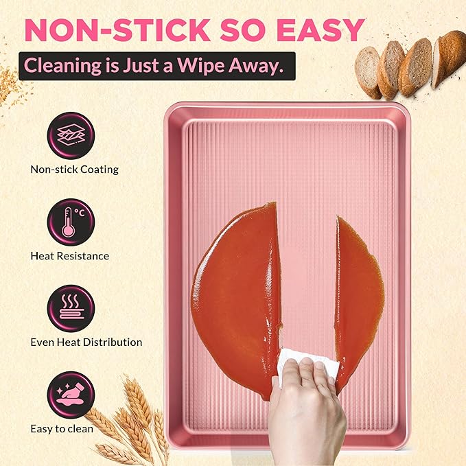 Professional Non-Stick Baking Sheets Set, 3-Piece Heavy Duty Carbon Steel Cookie Sheets with Oven Safe & Even Heating for Baking, Roasting, Cooking (Pink)