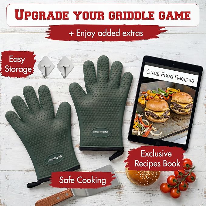 KITCHEN PERFECTION XL Silicone Oven & Griddle Gloves -Extreme Heat Resistant BBQ & Grilling Gloves -Handle Hot Food Right on Your Griddle |Waterproof Oven Mitts Grill Gloves |Superior Set+3 Bonuses