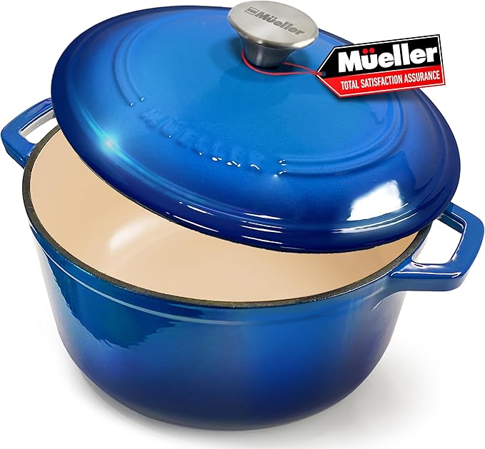 MUELLER HOME 7.5 QT Enameled Cast Iron Dutch Oven, Heavy-Duty Casserole Dish and Braiser Pan with Lid and Stainless Knob, Oven-Safe up to 500° F & Across All Cooktops, Aqua Blue