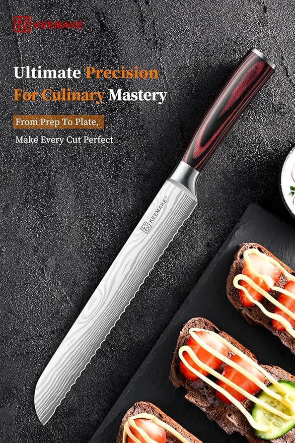 KEEMAKE Bread Knife, 8 Inch Serrated Bread Knife for Homemade Bread Ultra Sharp High Carbon Stainless Steel Blade, Professional Bread Cutting Knives for Sourdough Bread, Bagels, Cake