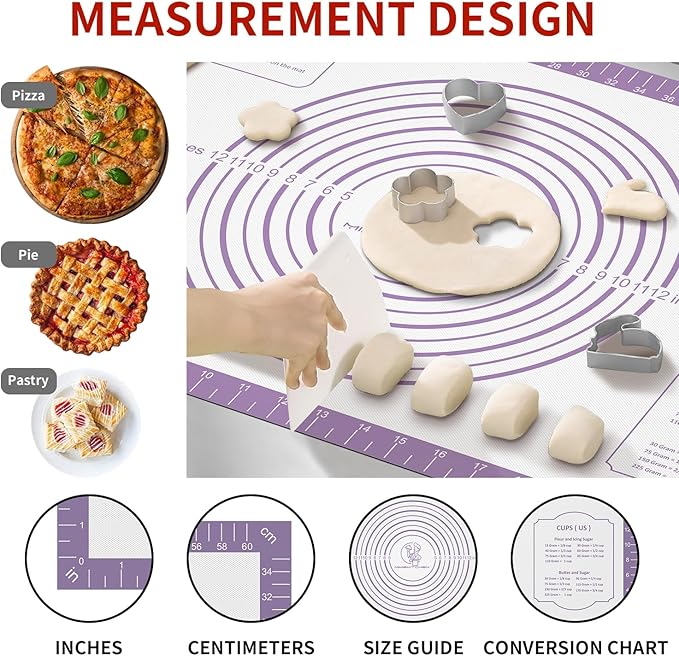 Silicone Pastrty Mat for Dough Rolling, Extra Thick Silicone Baking Mat, Fondant Mat for Making Cookies Macarons Bread Pizza Oven Mat, Silicone Mat for Baking Purple 26X16INCH