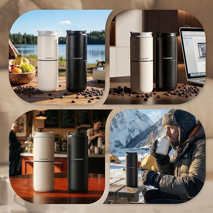 HAUSHOF Portable Coffee Maker, Travel Coffee Maker Battery Operated Small Pour Over Set, Compact Coffee Maker with Electric Grinder & Insulated Mug for Travel, Camping, Car