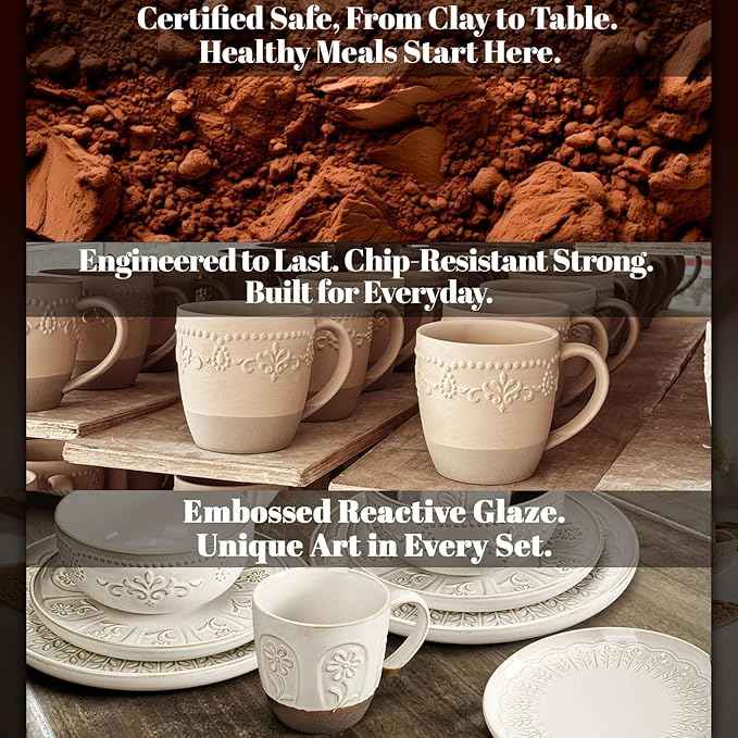 Artena Plates And Bowls Sets, 16 Pieces Dinnerware Sets, Dish Set For 4, Ceramic Kitchen Bowl And Plate Set, Embossed White Dishware Sets, Dishwasher & Microwave Safe (Damask Floral) (With Mugs)