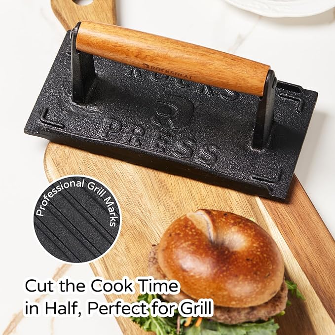 Cast Iron Square Burger Press with Wooden Handle - 8x4 Inch Heavy Duty Patty Maker for Perfectly Shaped Burgers, Steak Patties, and More