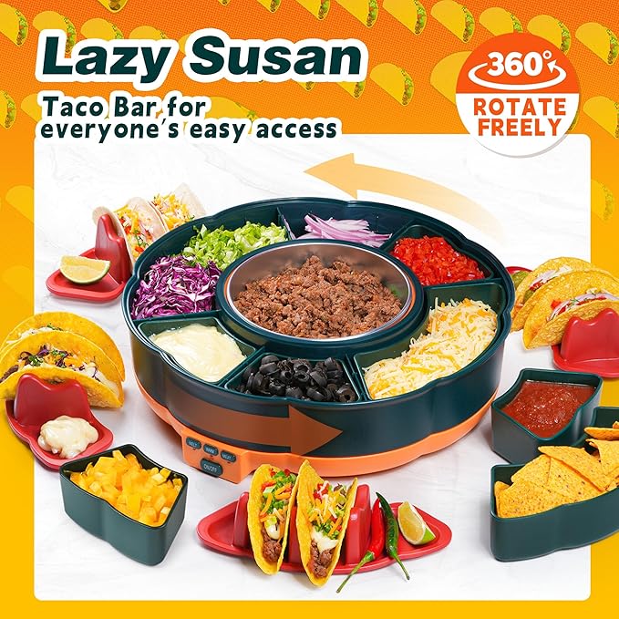 Taco Tuesday Kit, Taco Bar Serving Set for a Party with 3-Temp Control, 33oz Heated Pot, 6 Removable Trays & 4 Taco Holders, Lazy Susan Taco Bar for Burritos, Nachos, and Fajitas, Christmas Gift